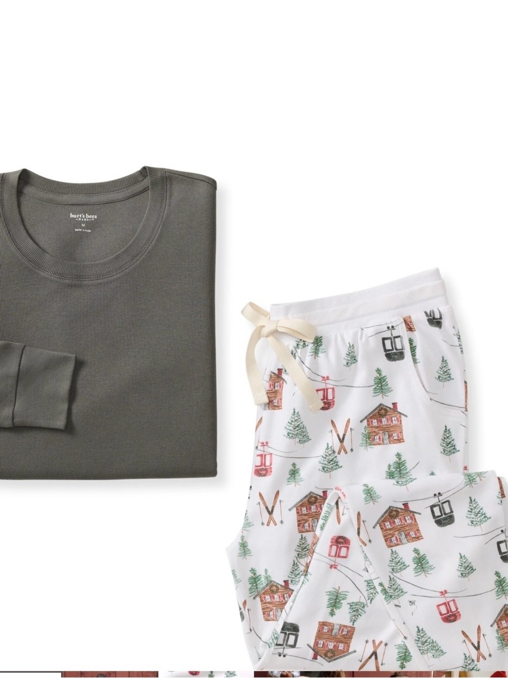 Burt's Bees Baby Green Top & White Ski Cabin Print Pajama Set